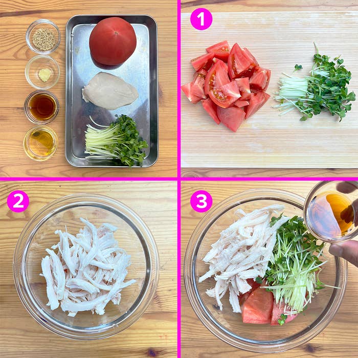 調理ステップの写真。1枚目:鶏肉、トマト、野菜、調味料の材料。2枚目:鶏肉をほぐす。3枚目:調味料を入れた鶏肉と野菜のボウル。