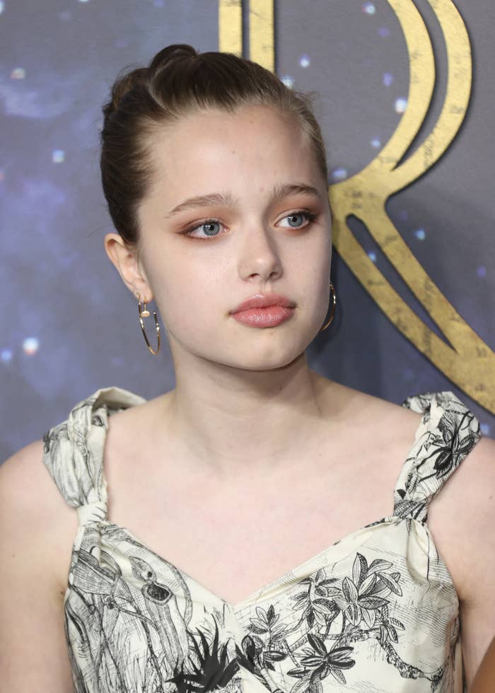 Shiloh wearing a sleeveless dress with floral patterns and hoop earrings stands at a red carpet event