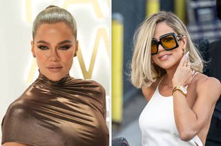 Khloe Kardashian seen in two images. In one, she wears a sleek metallic gown with hair in a high ponytail. In another, she has layered hair and sunglasses, in a casual outfit