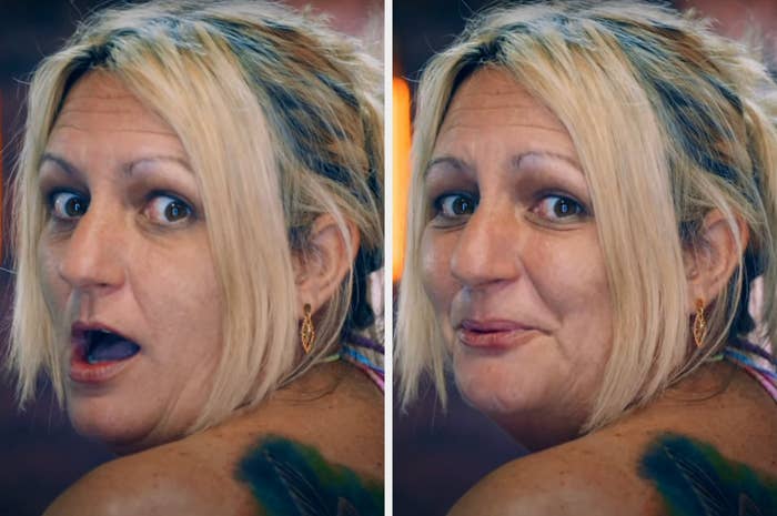 Two side-by-side images of a woman reacting with a surprised expression and then smiling. The woman has blonde hair and a visible shoulder tattoo