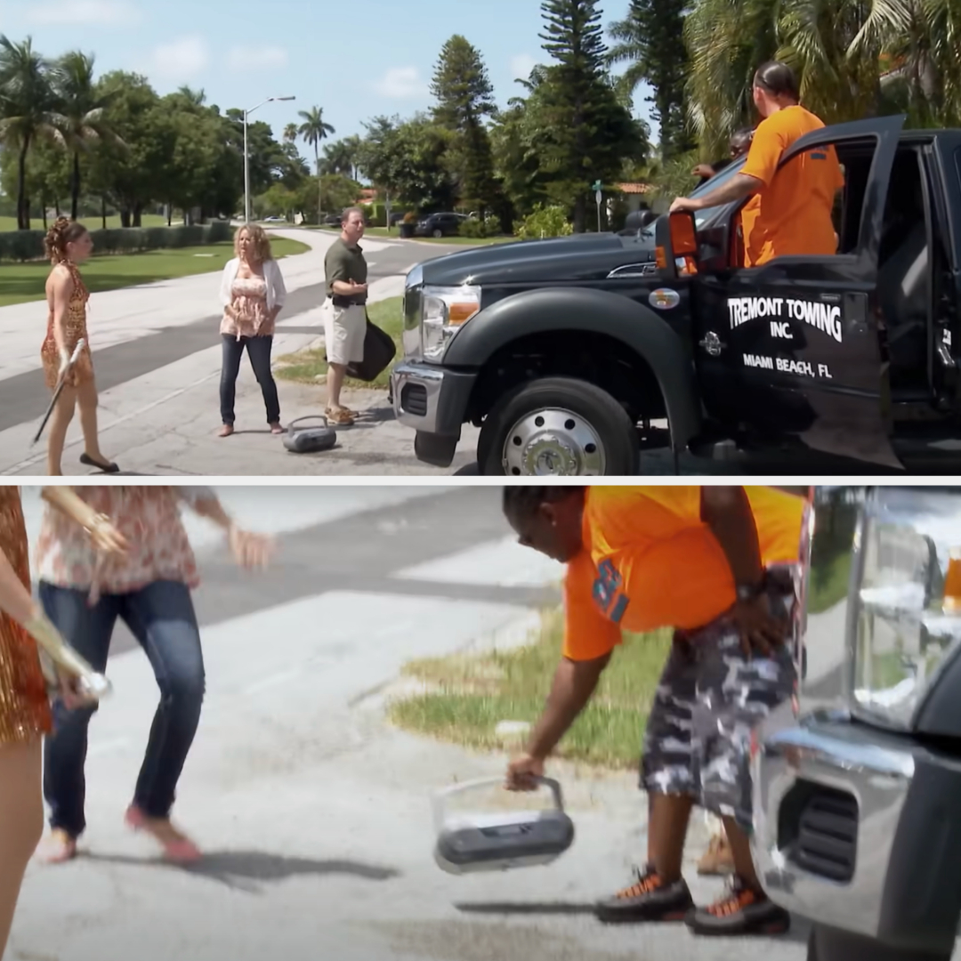 Two scenes from TV show: pagent girl performs routine in front of Tremont Towing staff's truck, worker moves CD player out of the way