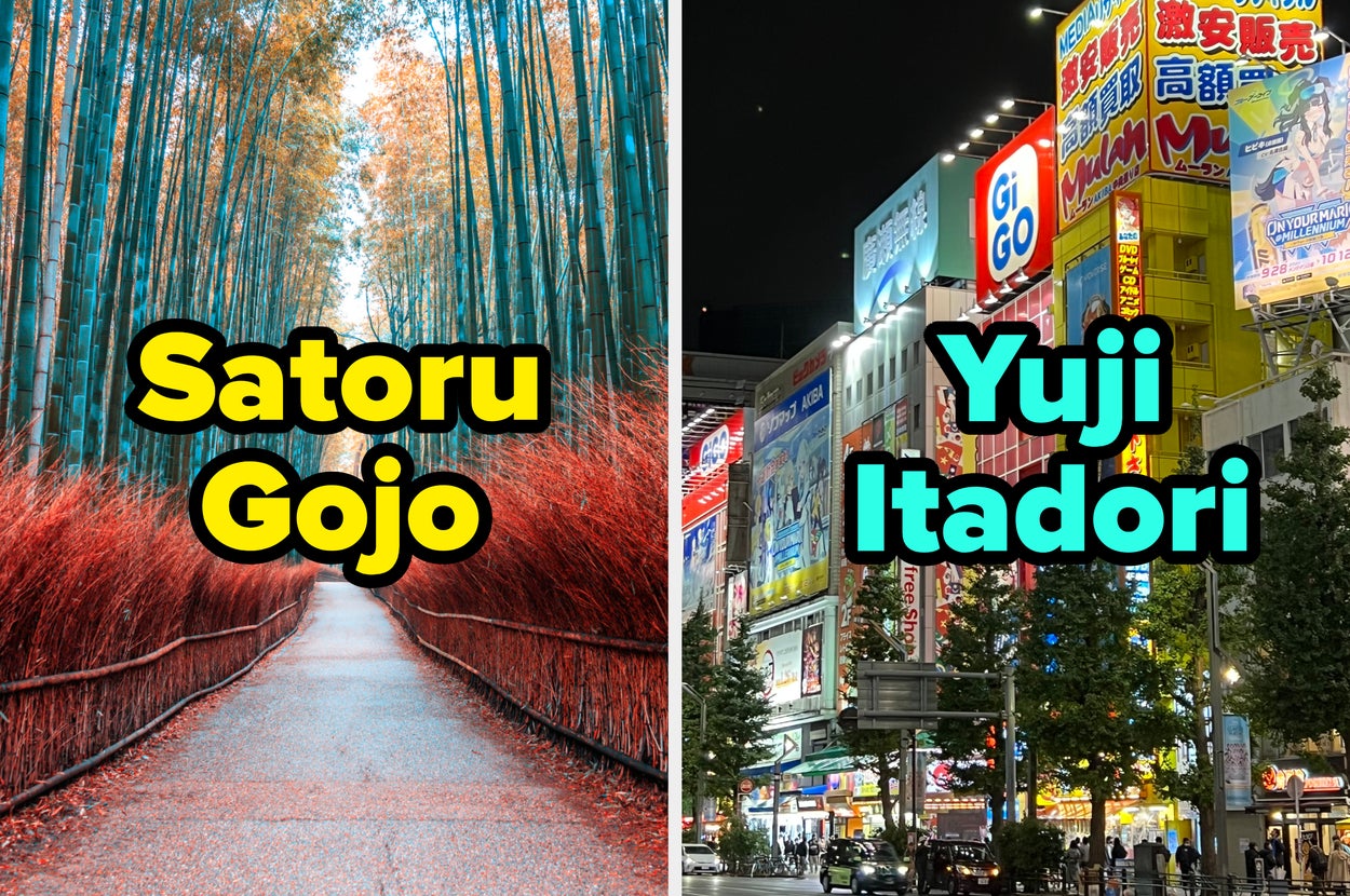On the left, a serene bamboo forest with "Satoru Gojo" written. On the right, a bustling city street at night with "Yuji Itadori" written