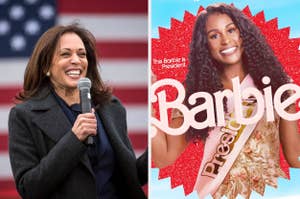 Kamala Harris speaking into a microphone on the left; Barbie movie poster with Barbie wearing a sash and smiling on the right