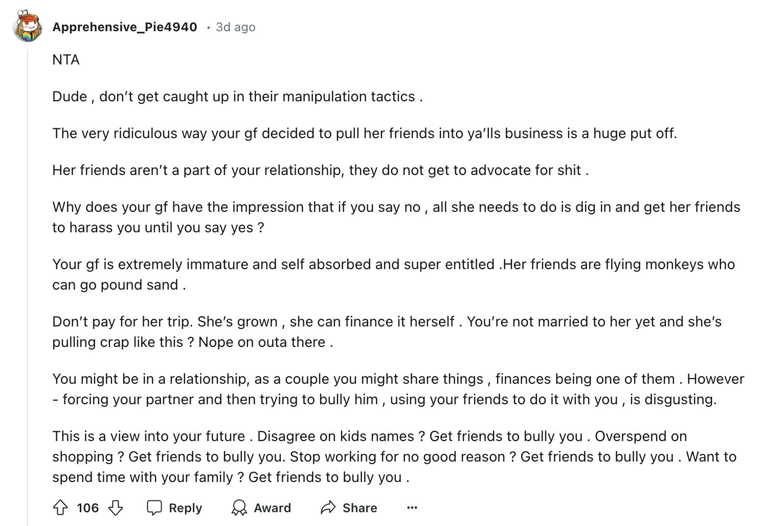 Reddit post by Apprehensive_Pie4940 discussing relationship boundaries, manipulation tactics, and financial independence.