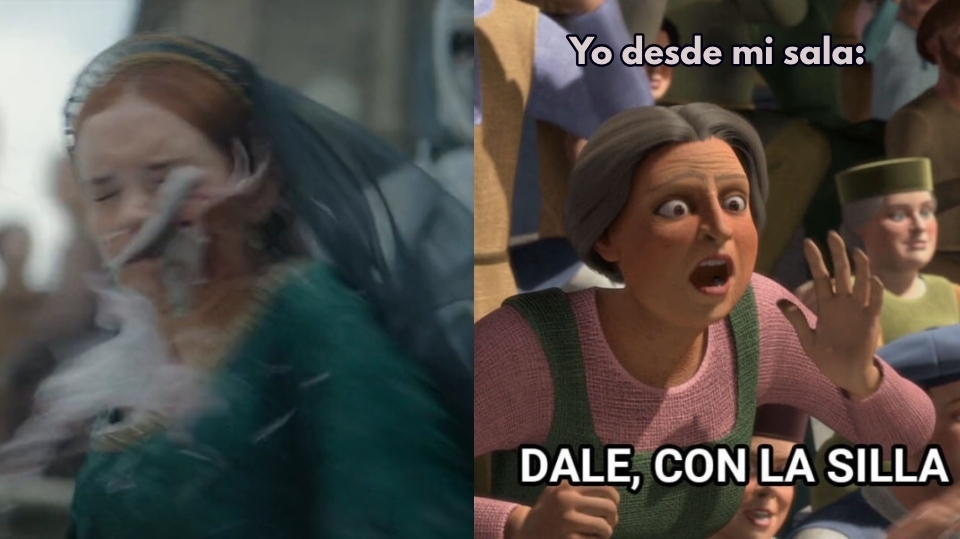A la izquierda, escena de serie con mujer recibiendo golpe en la cara. A la derecha, personaje de Shrek 2 gritando: "Yo desde mi sala: DALE, CON LA SILLA"