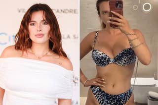 Bella Thorne in an off-the-shoulder top on the left; Bella Thorne taking a mirror selfie in a leopard print bikini on the right