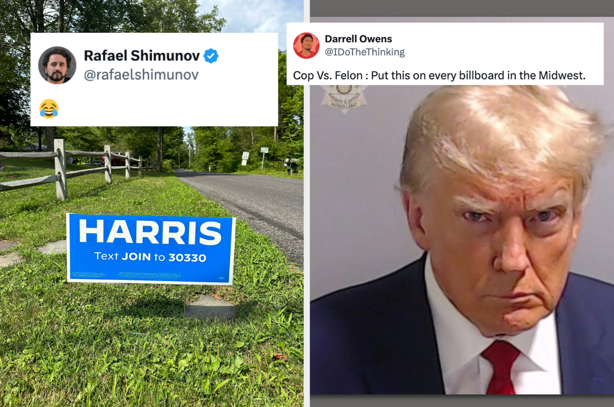 Rafael Shimunov's tweet about a Harris sign and Darrell Owens' tweet suggesting a Midwest billboard featuring a serious-looking man