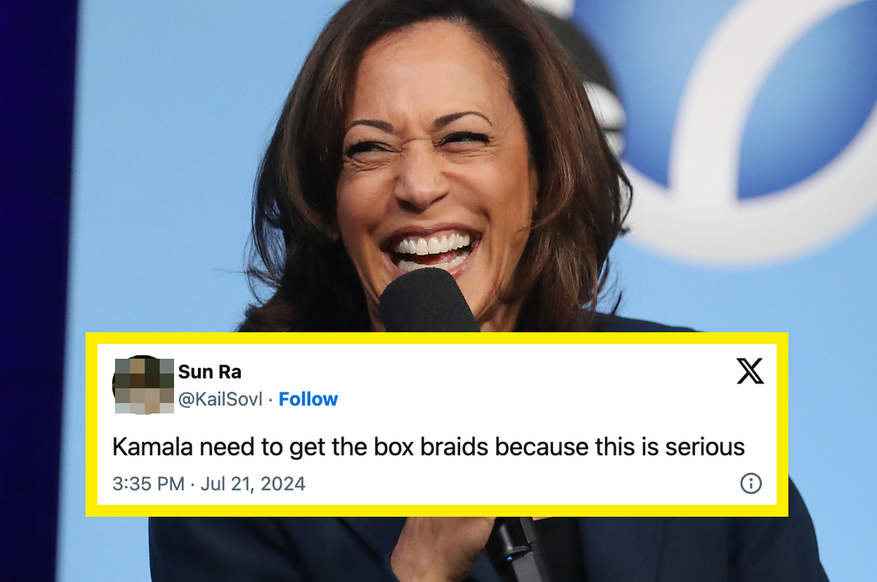 Image of Kamala Harris smiling with a tweet overlay from user @KailSovl saying, "Kamala need to get the box braids because this is serious."