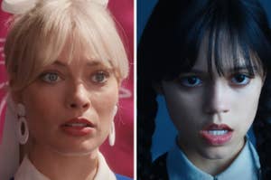Two headshots: Margot Robbie wearing a bow and earrings on the left, and Jenna Ortega with pigtails and an intense expression on the right