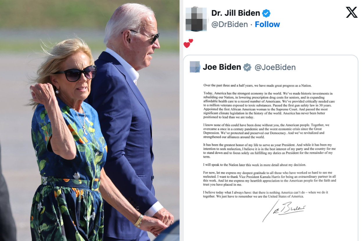Jill Biden wearing a floral dress and Joe Biden wearing a suit walk hand in hand. Beside them is a screenshot of Joe Biden's letter announcing his re-election campaign