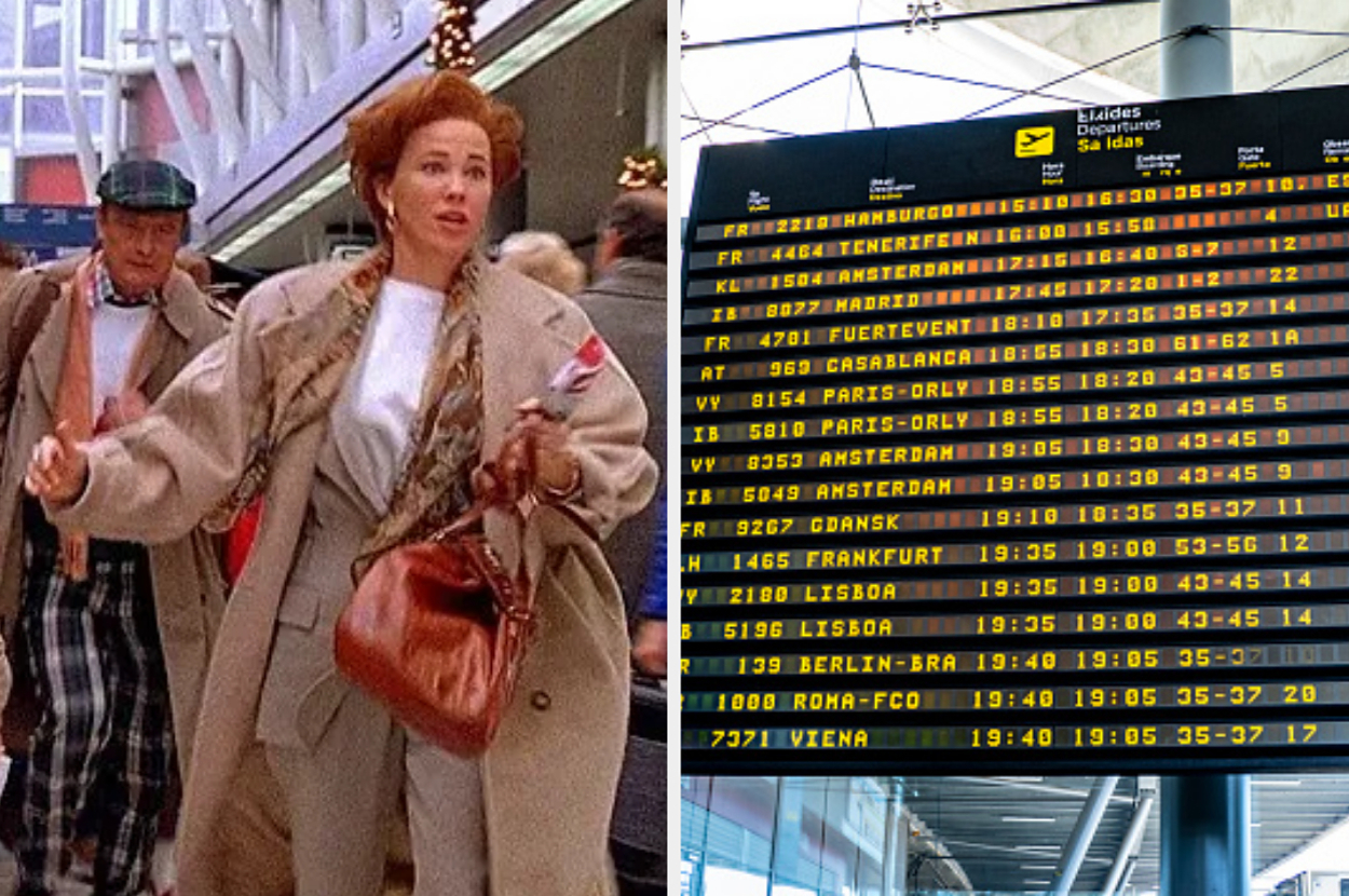 Catherine O'Hara, dressed in a stylish coat and scarf, rushes through an airport. Departure board displays various international flight times