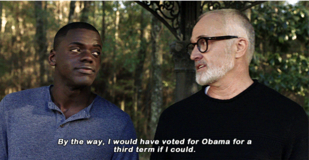 Daniel Kaluuya and Bradley Whitford in a forest scene with text: &quot;By the way, I would have voted for Obama for a third term if I could.&quot;