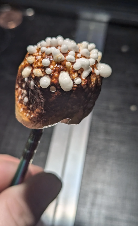 Close-up of a hand holding a roasted marshmallow coated in melted marshmallow droplets