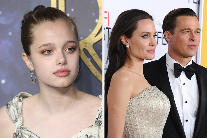 Shiloh Jolie-Pitt in a floral dress beside a photo of Angelina Jolie in an elegant strapless gown and Brad Pitt in a tuxedo at a red carpet event
