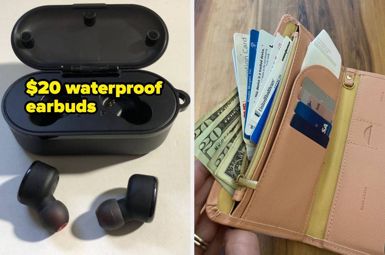 Left: Pair of black waterproof earbuds in a small charging case. Text reads "$20 waterproof earbuds." Right: Hand holding an open beige wallet containing cash and cards