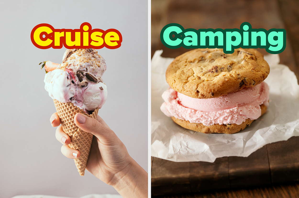 On the left, a hand holds a cone with scoops of ice cream and toppings, labeled "Cruise." On the right, a cookie ice cream sandwich, labeled "Camping."