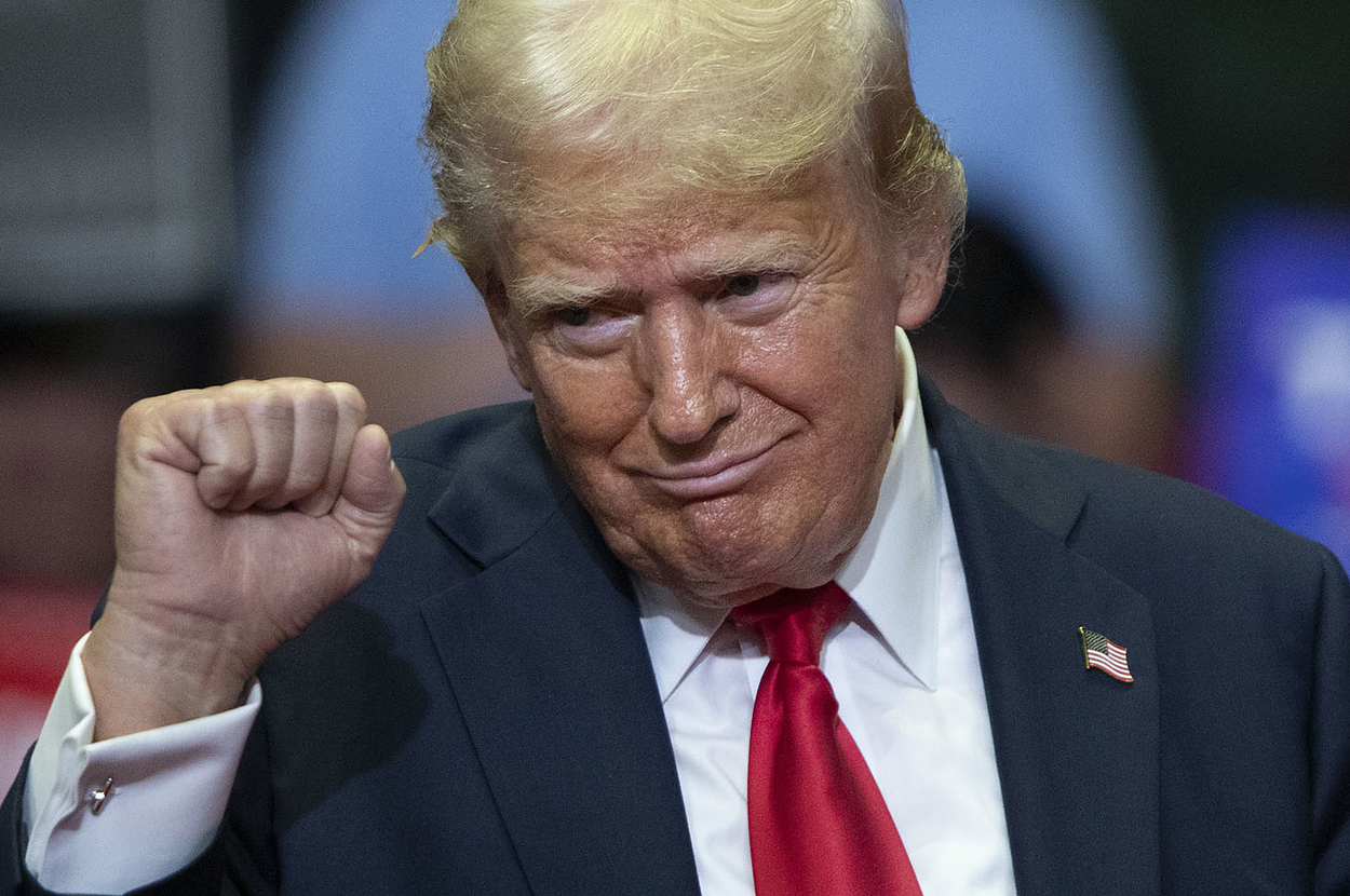 Donald Trump raises his fist while standing on stage at a crowded event