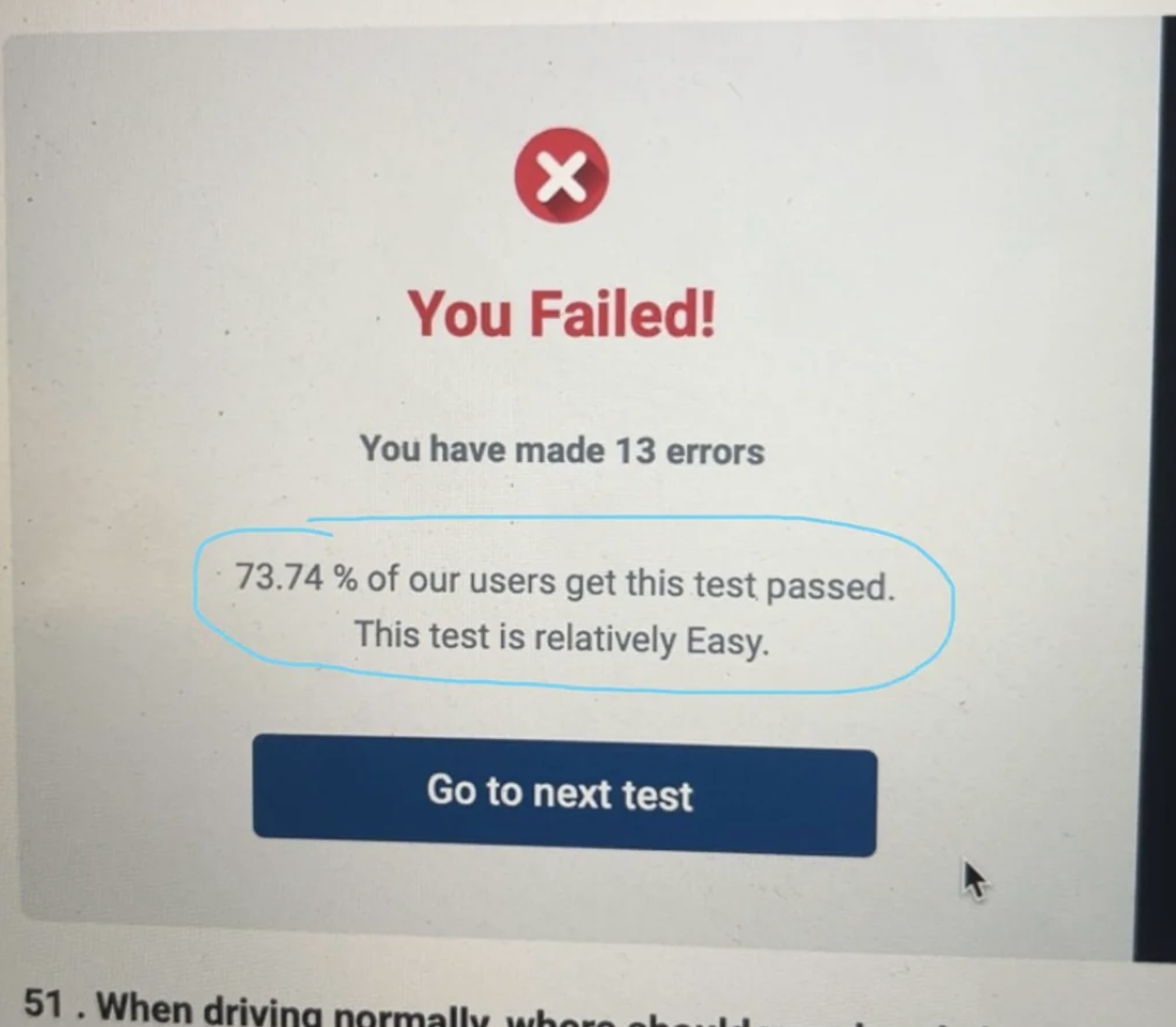 Screen display showing a failed test result: "You Failed! You have made 13 errors. 73.74% of our users get this test passed. This test is relatively easy."