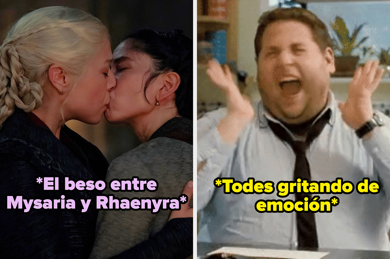 Montaje de dos imágenes. A la izquierda, Rhaenyra besando a una mujer. A la derecha, hombre eufórico con las manos en la cara. Texto: "Rhaenyra siendo un bisexual icon" y "*El fandom gritando*"
