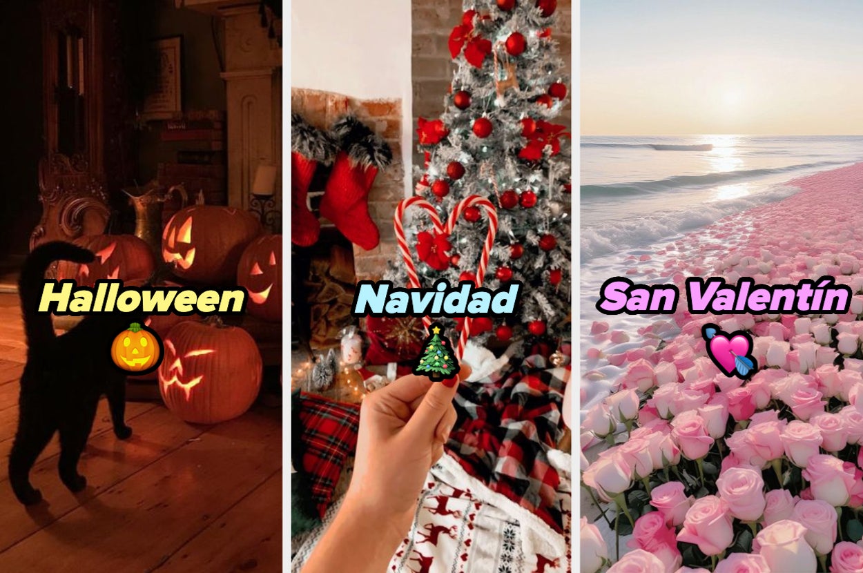 Tres imágenes festivas: una de Halloween con calabazas talladas y un gato negro, otra de Navidad con un árbol decorado, y la última de San Valentín con un fondo de rosas