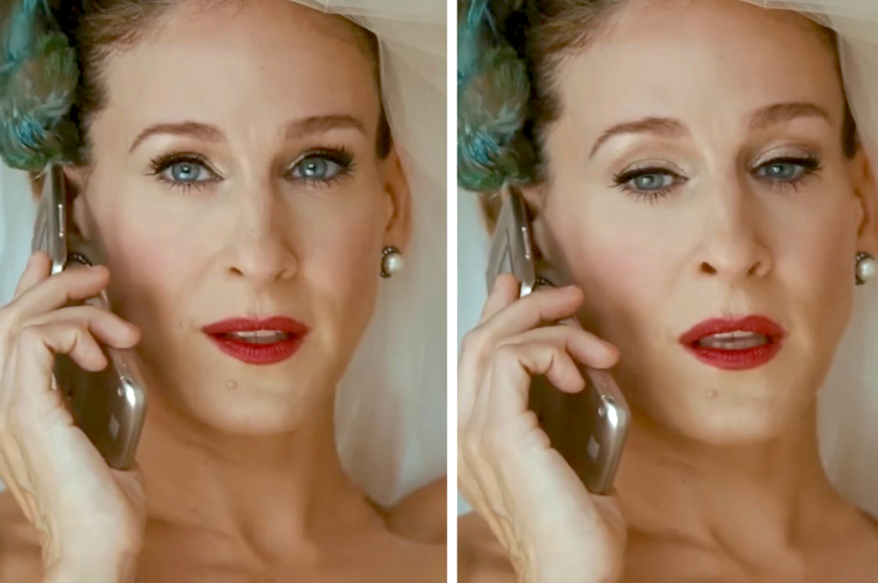 Sarah Jessica Parker in a wedding veil, talking on a phone with a concerned expression in two close-up shots