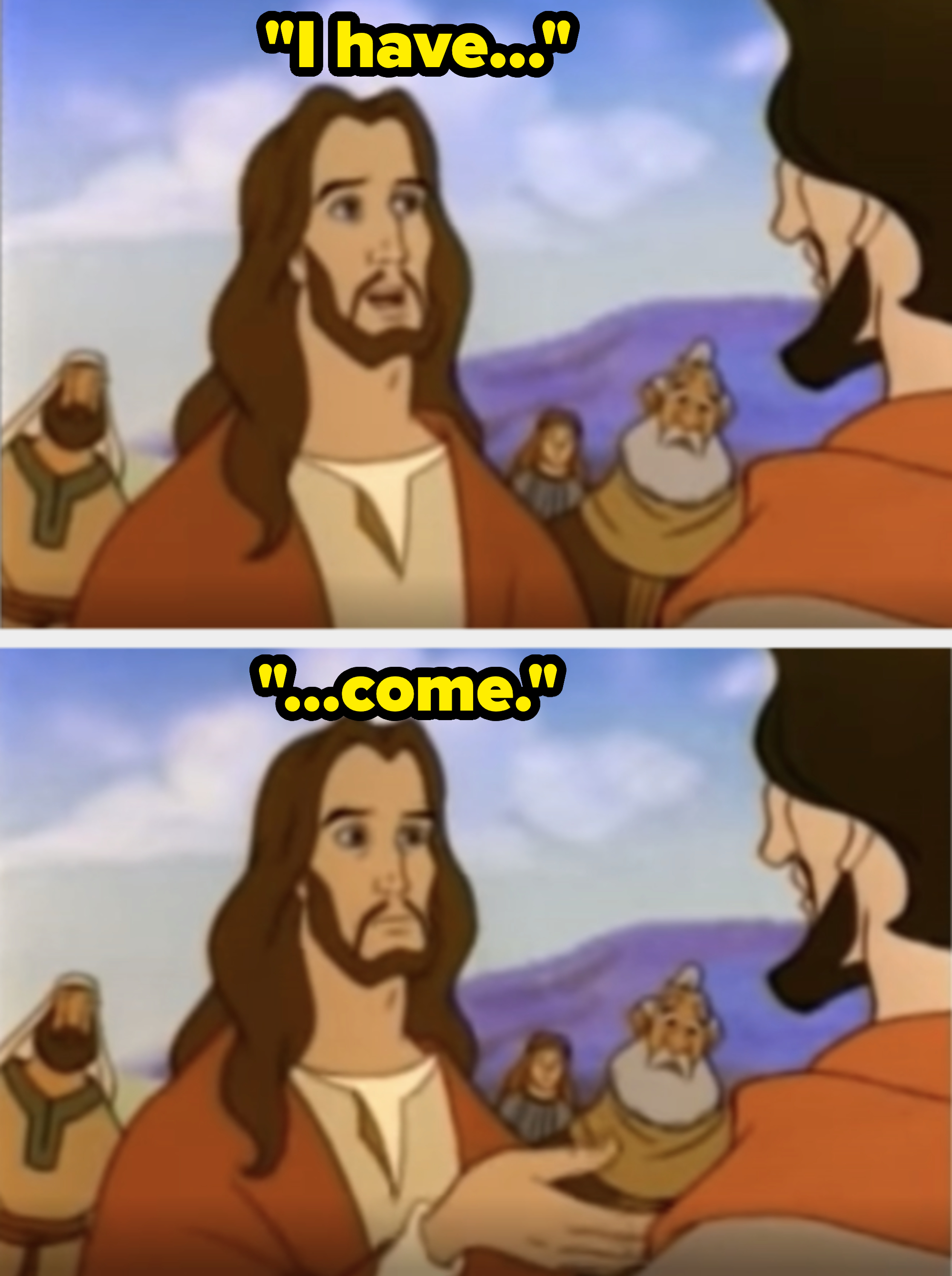 Animated scene with Jesus talking to animated men in biblical attire