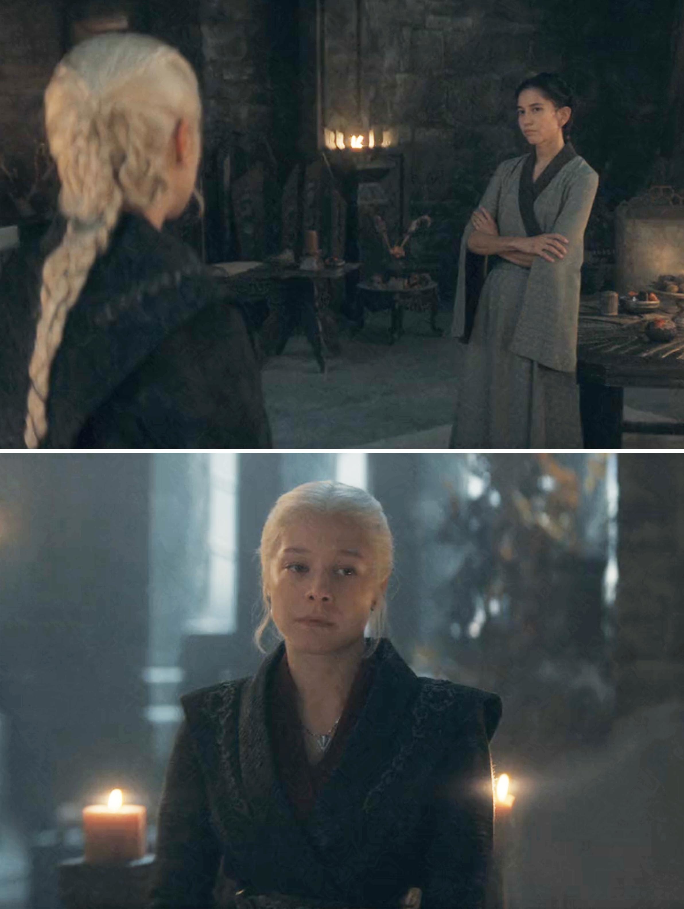 Rhaenyra and Mysaria looking at each other