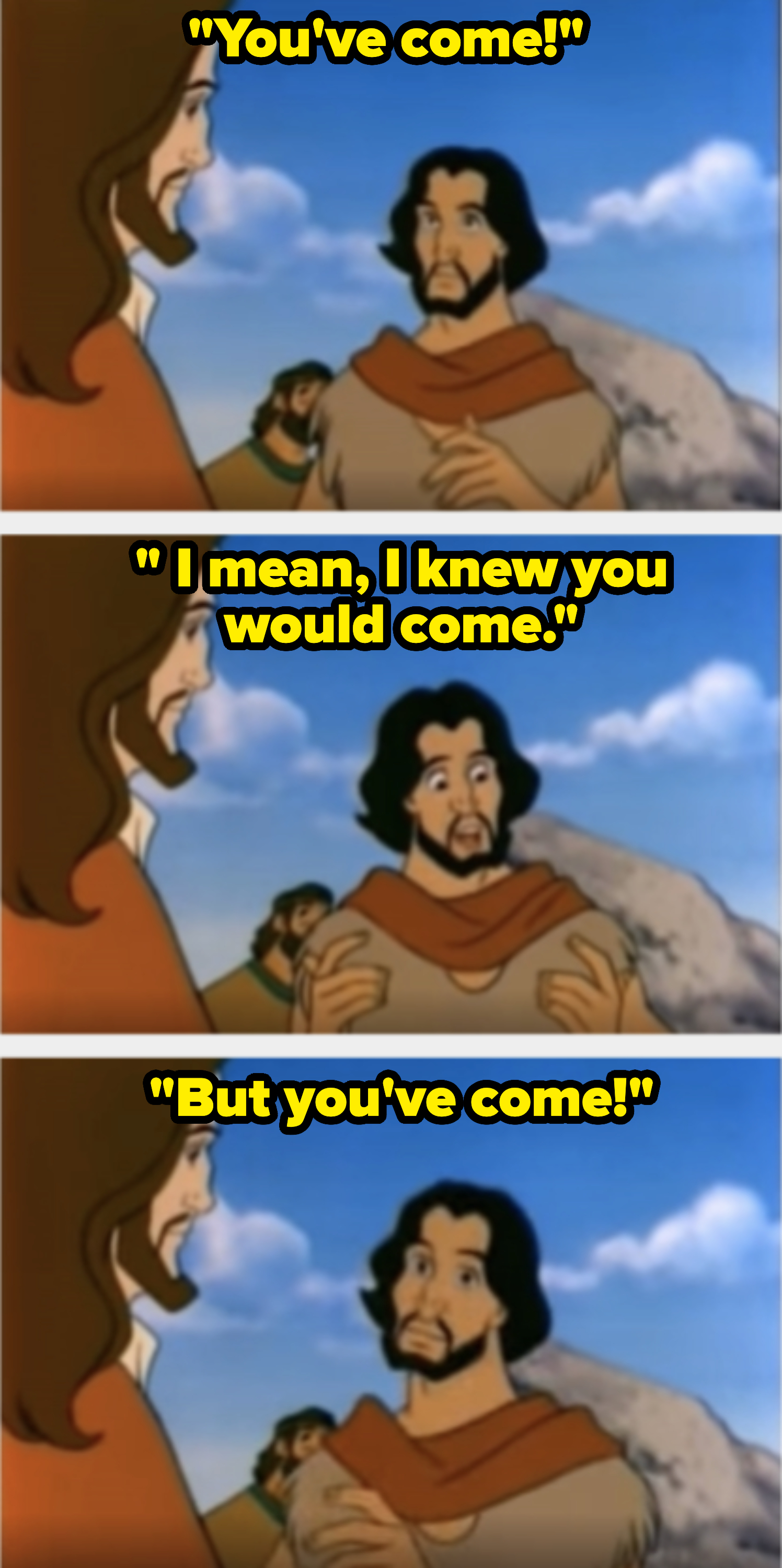 Three-panel cartoon of Joseph from the Bible interacting with a man holding an infant wrapped in a garment. The backdrop shows a blue sky with clouds