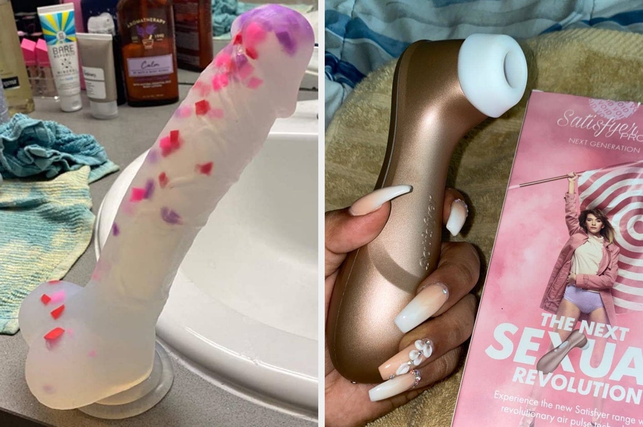 A shower dildo with colorful tips on a bathroom counter in the left image. On the right, a hand with long, decorated nails holds a suction sex toy next to a book titled "The Next Sexual Revolution."