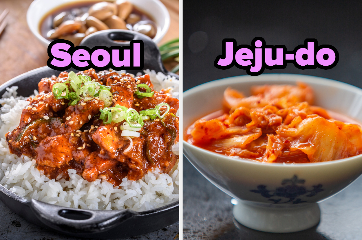 Image divided into two sections. Left side labeled "Seoul" with a dish of rice topped with meat and green onions. Right side labeled "Jeju-do" with a bowl of kimchi