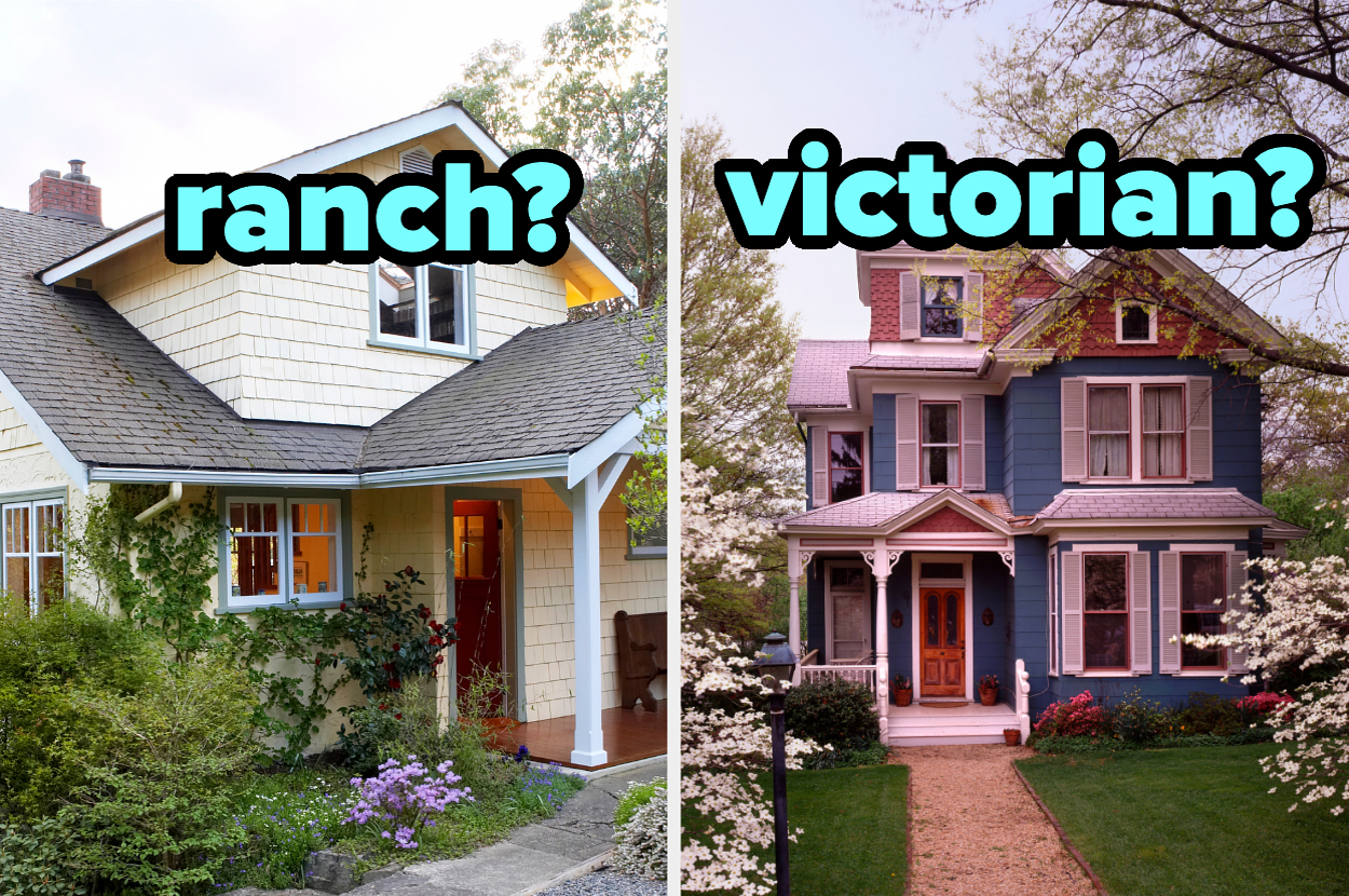 Side-by-side comparison of a house with "ranch?" text and a house with "victorian?" text