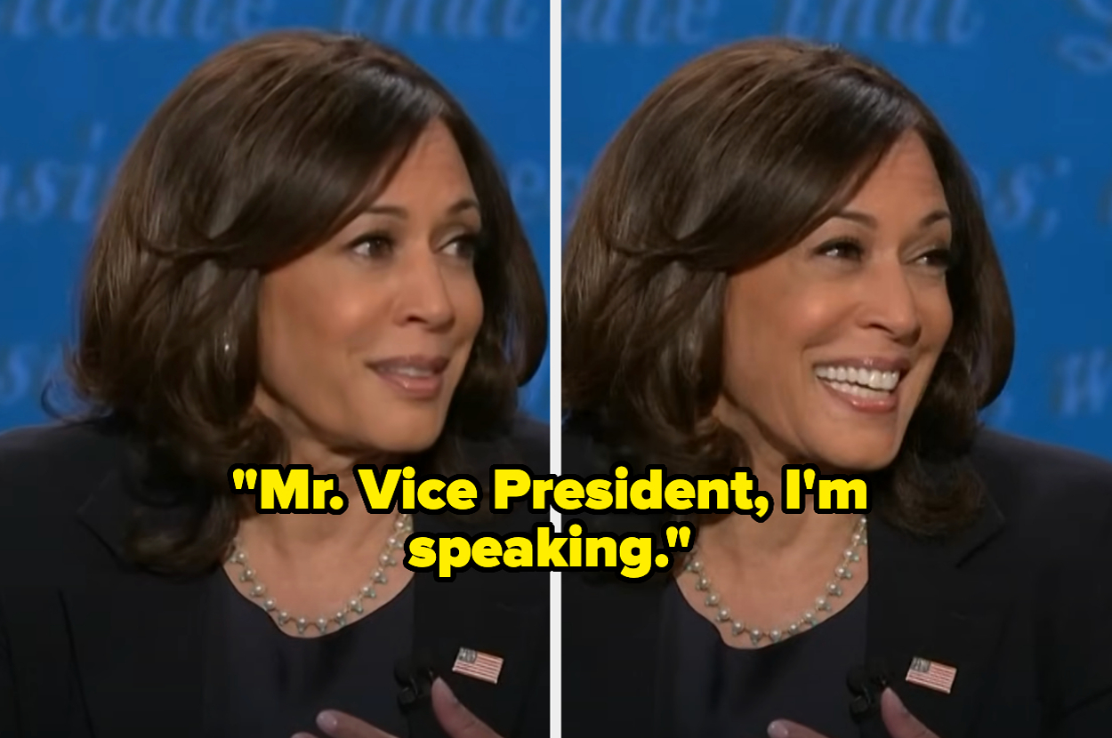 Kamala Harris pictured during a debate, with the text overlay: "Mr. Vice President, I'm speaking."