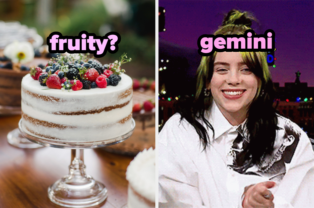 A frosted cake with berries on top is labeled "fruity?" next to a smiling Billie Eilish labeled "gemini."