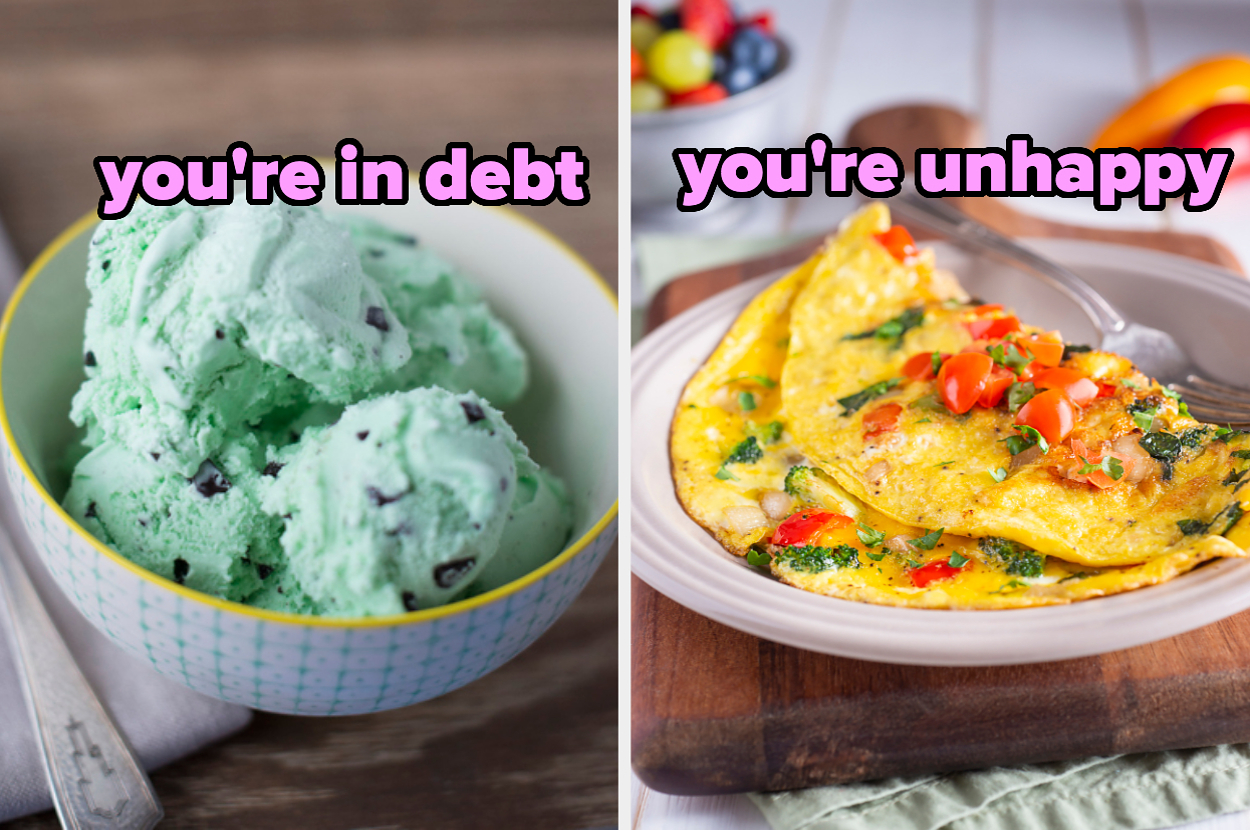 Left image shows a bowl of mint chocolate chip ice cream with text "you're in debt." Right image shows an omelette with text "you're unhappy."
