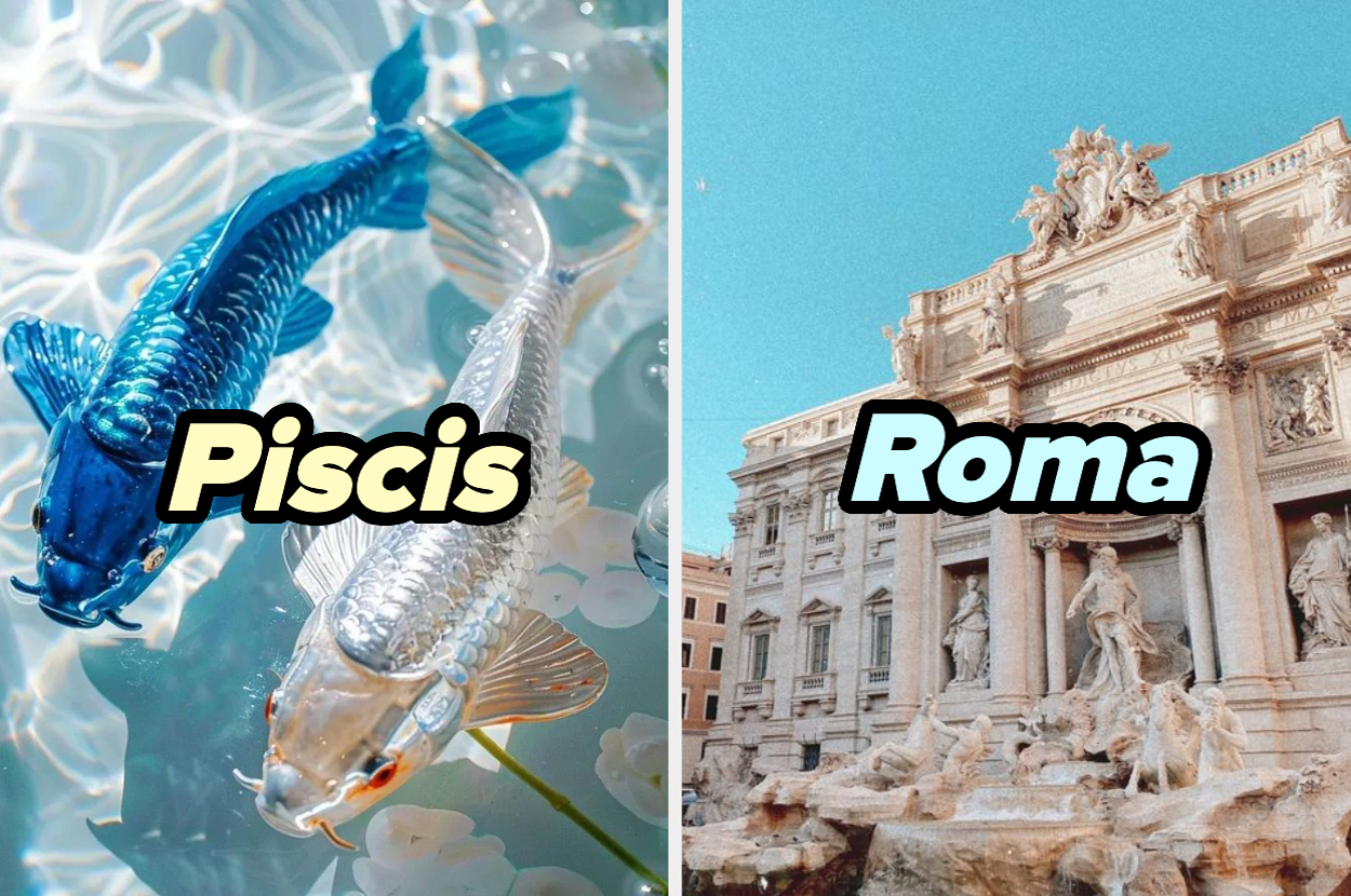 Peces koi en el agua en imagen a la izquierda con la palabra "Piscis". La Fuente de Trevi en Roma en imagen a la derecha con la palabra "Roma"