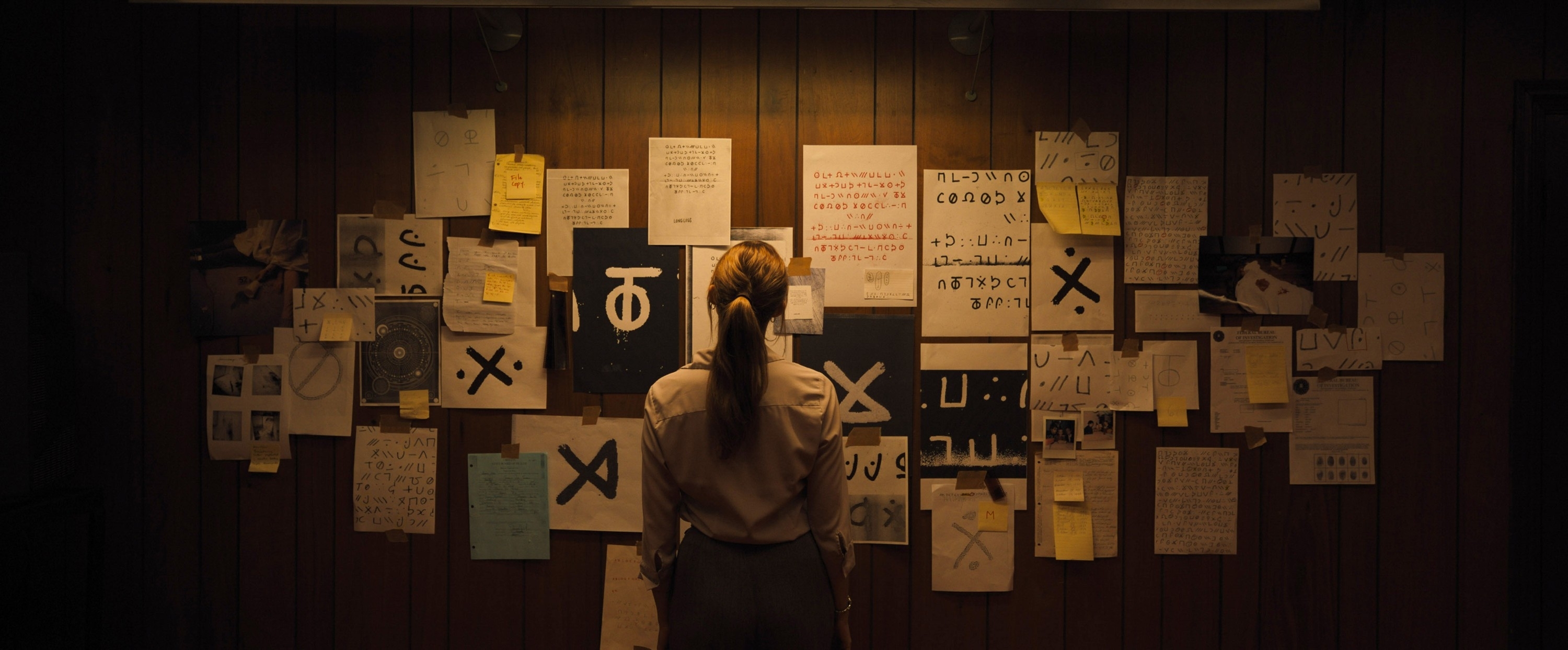 A person with their back turned stands in front of a wall filled with various papers, notes, and symbols, appearing to analyze them