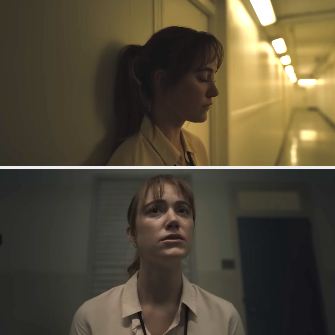 Top and bottom shots of Jessie Buckley in a somber corridor scene from a TV show or movie. She appears deep in thought or concerned