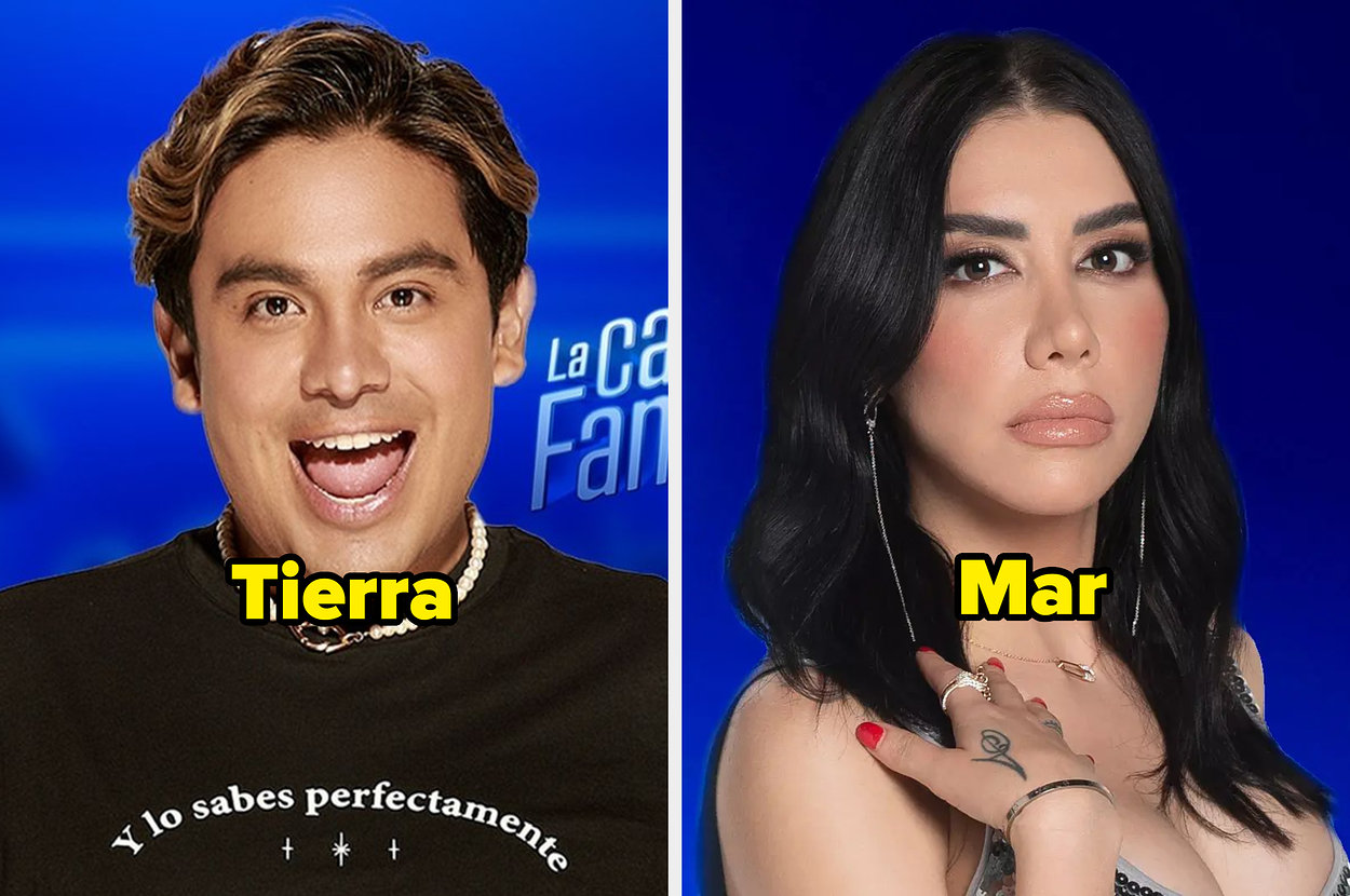 Imagen dividida en dos: la izquierda muestra a una persona con camiseta oscura y collar, sonriente, y la derecha a una persona con cabello largo, lacio y maquillaje. Textos: Cuarto Tierra y Cuarto Mar