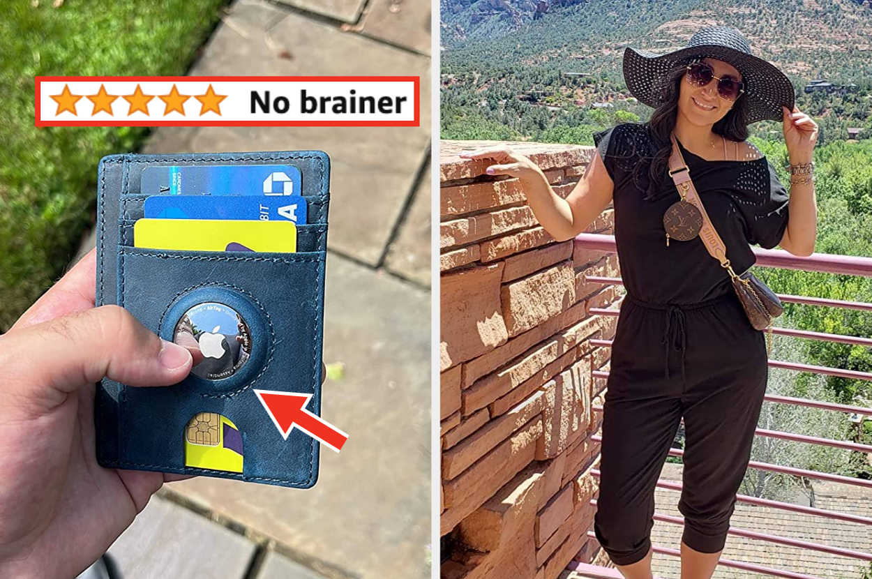 right: Person holding a wallet with cards and Apple AirTag. left: person in a black jumpsuit, sunhat, and sunglasses, standing outdoors