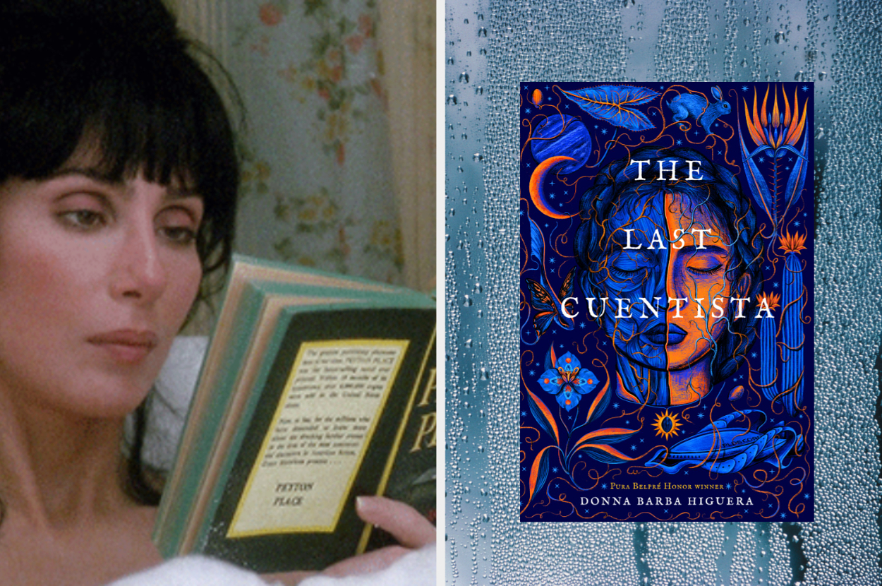 Cher reads a book next to the cover of "The Last Cuentista" by Donna Barba Higuera, illustrated with a blue face surrounded by intricate designs