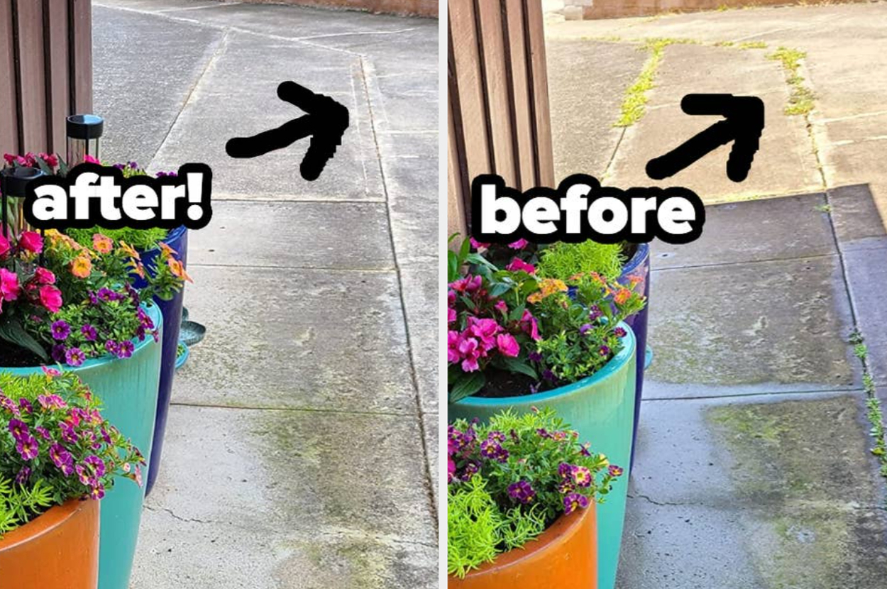 Before and after image of a weding product. The "before" side shows a  weeds in the sidewalk cracks and the "after" side shows a cleared path