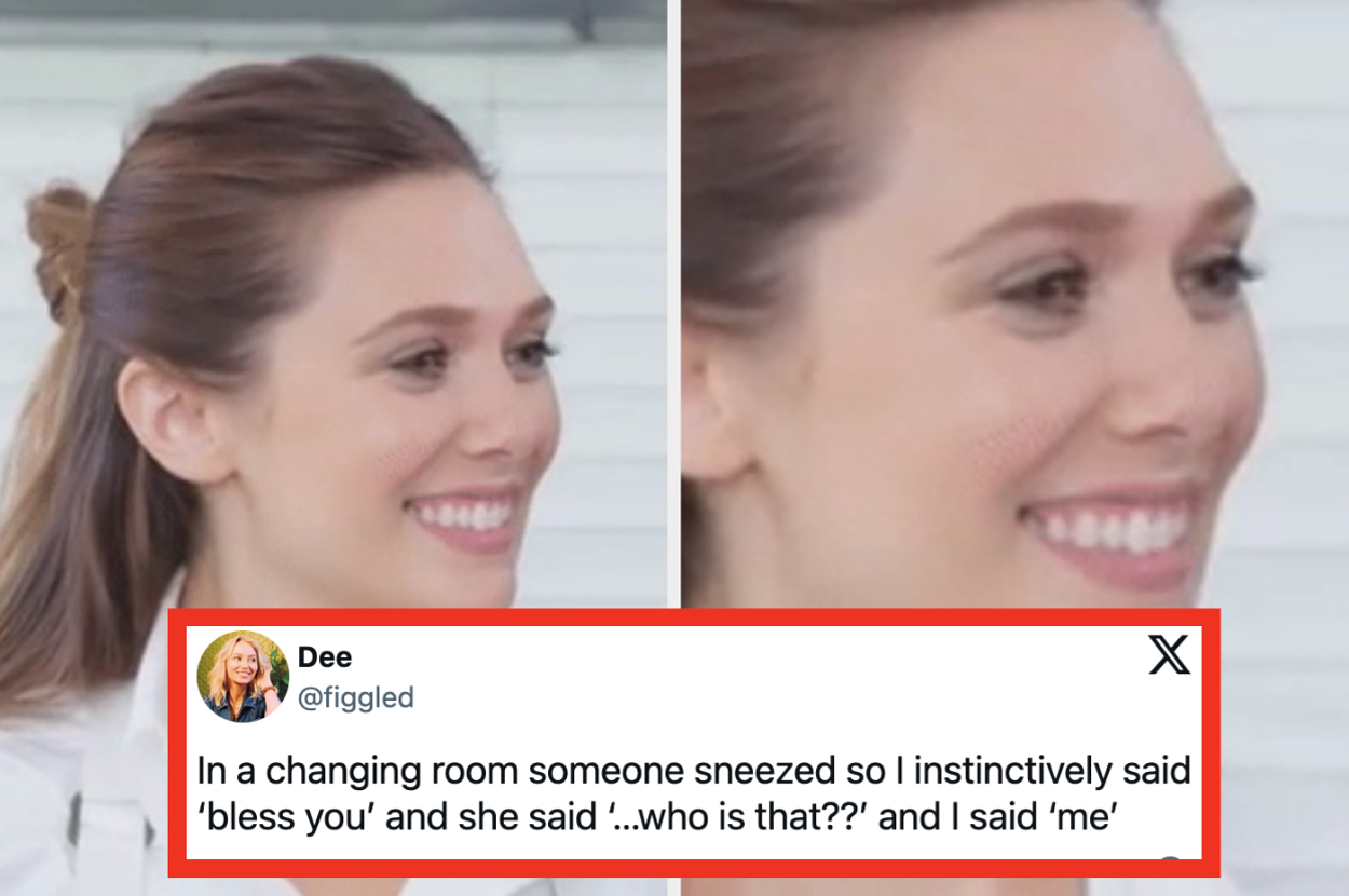 Elizabeth Olsen smiling with a tweet by Dee overlayed on her image. The tweet reads: "In a changing room someone sneezed so I instinctively said 'bless you' and she said '...who is that??' and I said 'me'."