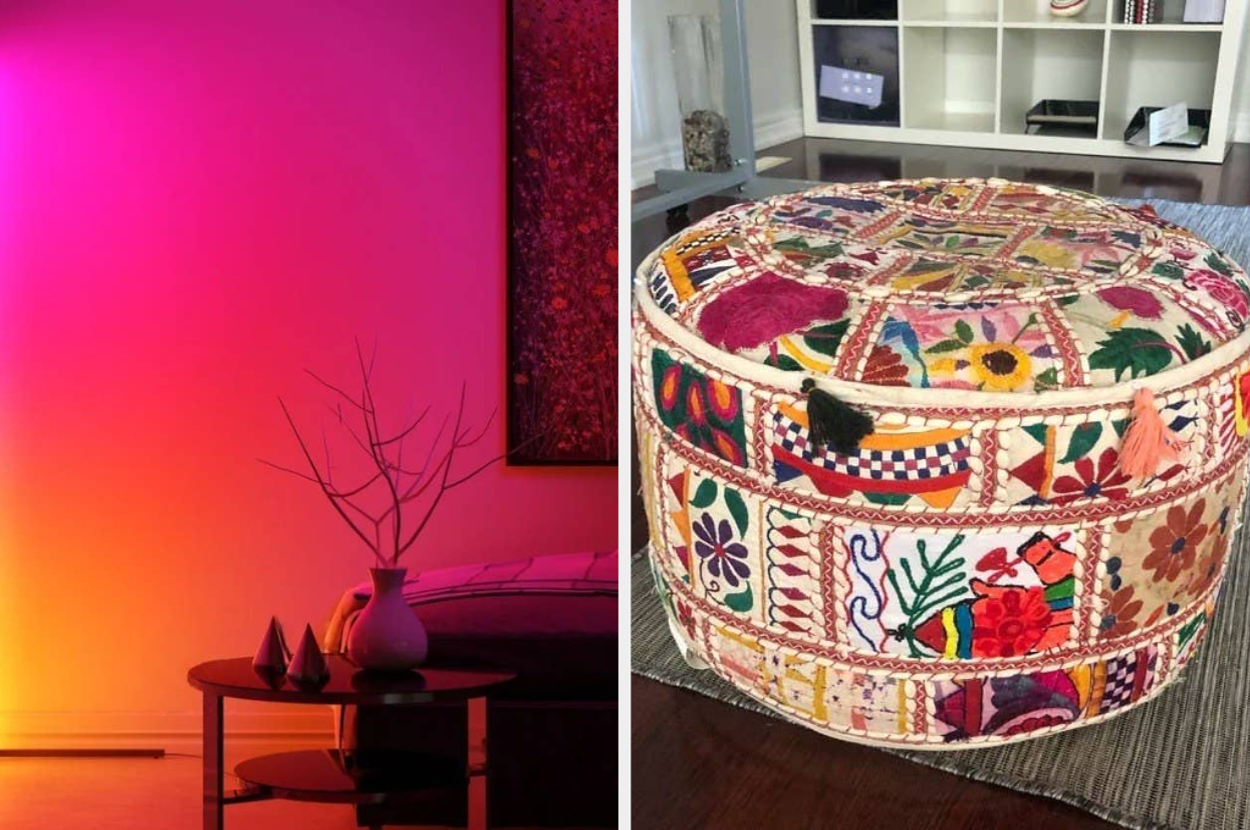 A side-by-side image: left is a minimalist living room with modern decor and a gradient light effect; right is a colorful, intricately patterned ottoman with various embroidered designs