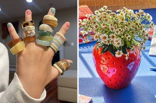Two images: One showing a hand wearing multiple chunky rings, another showing a strawberry-shaped vase with daisies