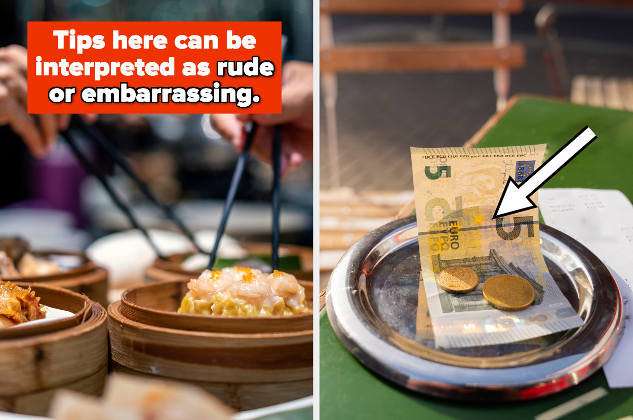 A dim sum meal is being eaten with chopsticks. Next to it, a tip of 5 euros and two coins is left on a tray. A note states: "Tips here can be interpreted as rude or embarrassing."