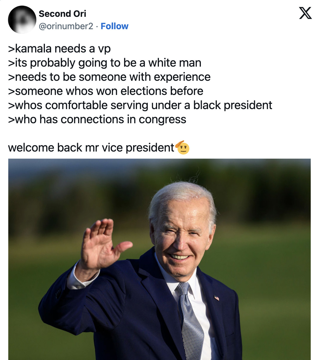 Joe Biden waving and smiling, with a tweeted text above mentioning Kamala needing a vice president with specific qualifications and welcoming Biden back as vice president