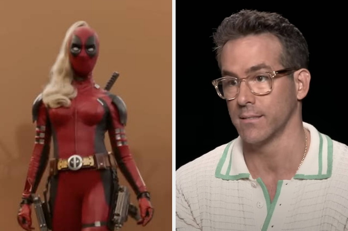 Left: Female Deadpool cosplay with blonde wig and red suit, weapons holstered. Right: Ryan Reynolds in white knit shirt and glasses during an interview