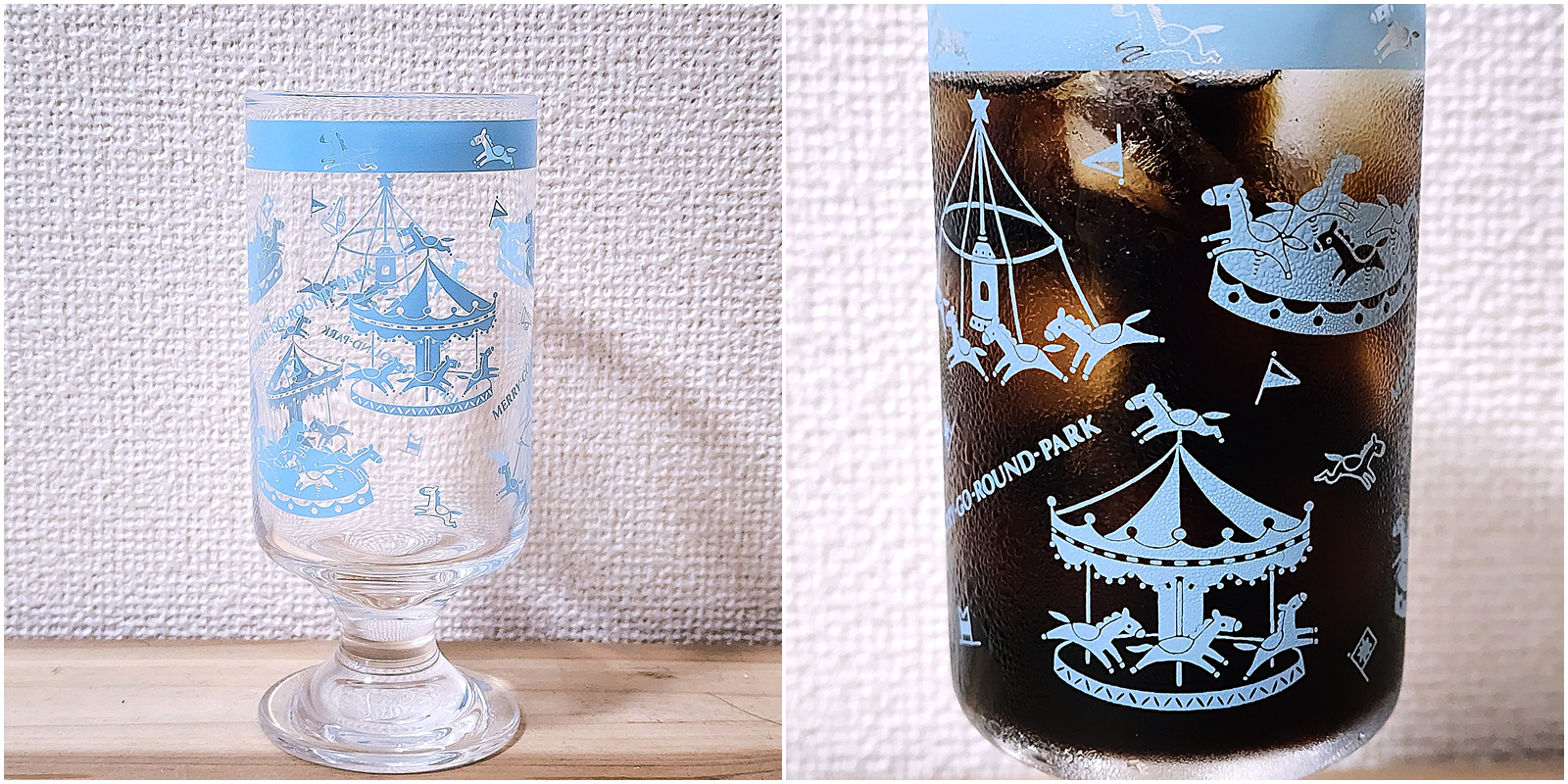 フェリシモのおすすめ雑貨「シモジマコラボ レトロかわいい包装紙柄の脚付きグラス」