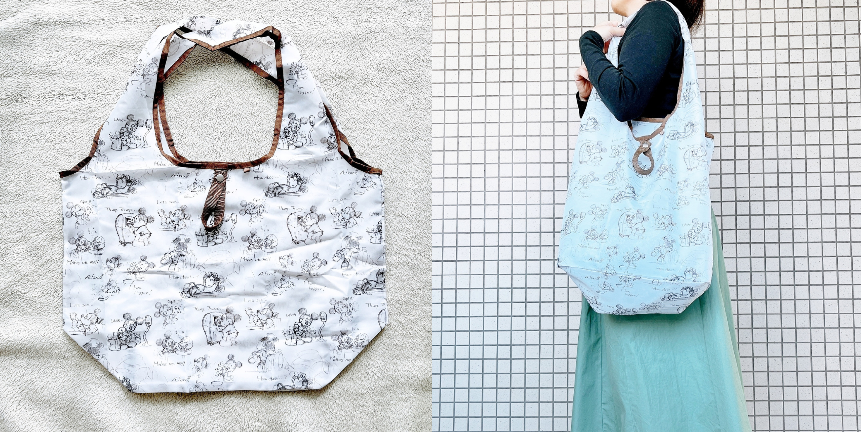 女性がクマの絵が描かれたトートバッグを持っている様子。バッグは肩に掛けやすいデザイン。