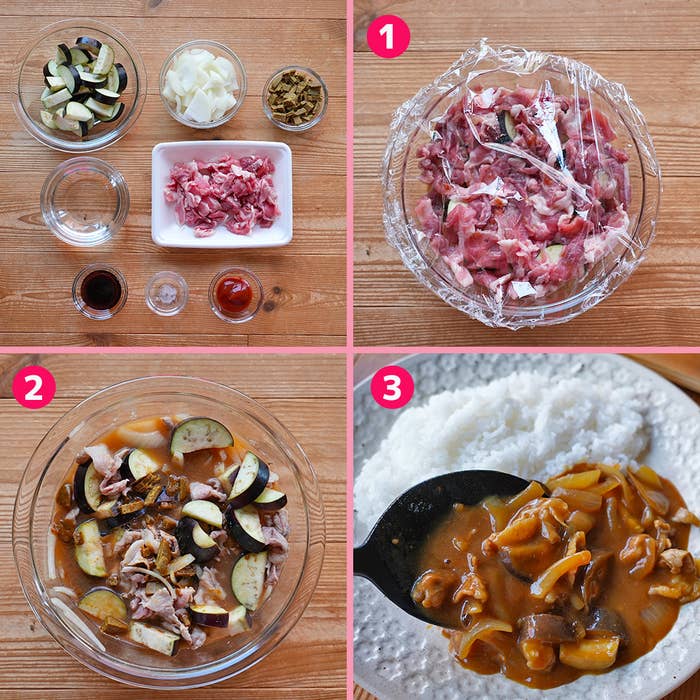 料理の準備と過程を示す3つの画像。具材をまとめた図、調理中の図、完成したカレーライスの図。